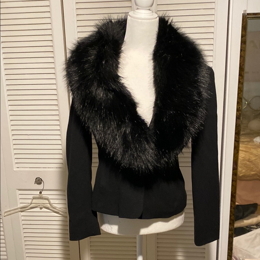 Emanuel Ungaro Black Blazer with Luxurious Fur Collar